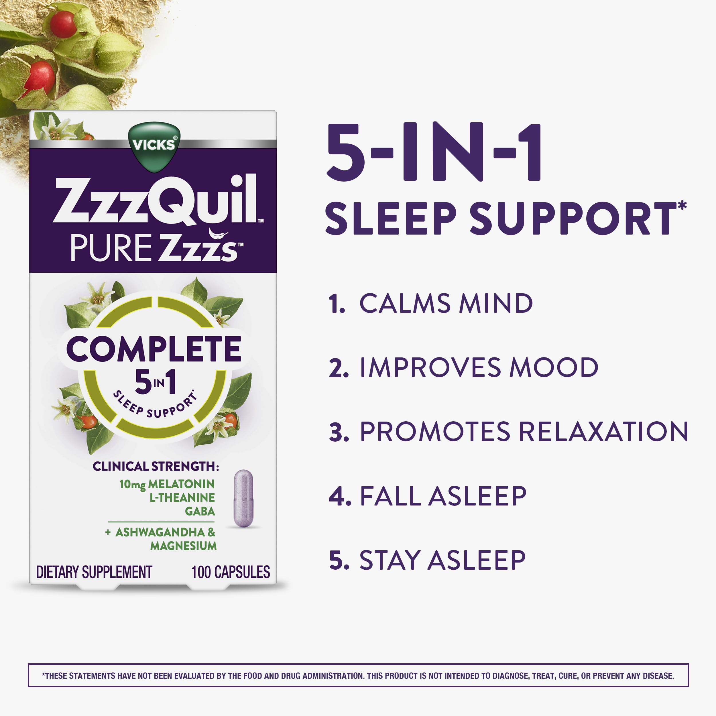 Buy now ZzzQuil Pure Zzzs Complete Sleep, Melatonin 10mg, L-Theanine, GABA, with Ashwagandha, and Magnesium, Melatonin Sleep Aid, 100 Count at indiglob india