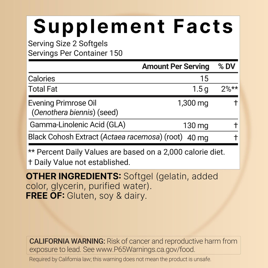 NatureBell Evening Primrose Oil with Black Cohosh, 1,300mg Per Serving, 300 Mini-Softgels | Cold Pressed Seeds, Retains 130mg GLA for Womens Health & Skin Care Support – Hexane Free, Non-GMO