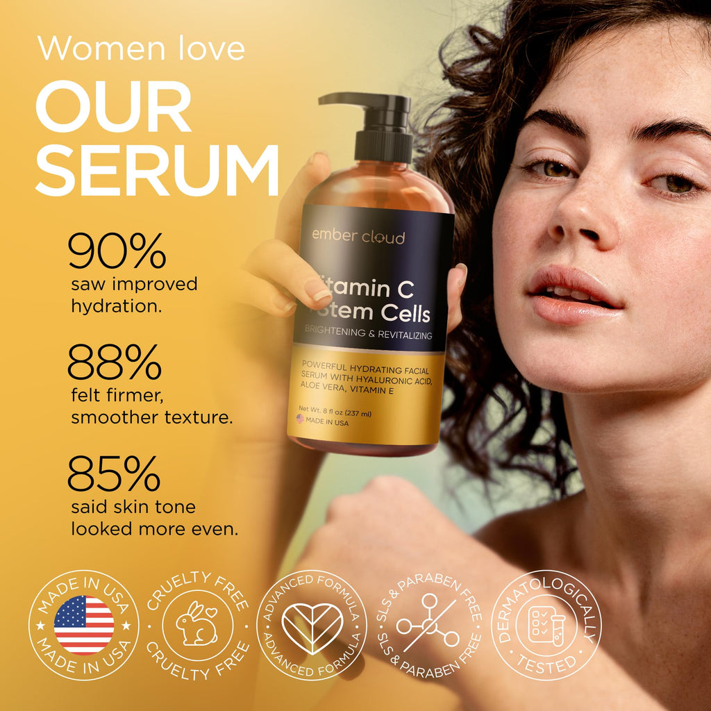 Vitamin C Serum for Face with Stem Cells & Hyaluronic Acid 8 Oz | Anti-Aging, Brightening, Hydrating Face Serum for All Skin Types, Cruelty Free, Made in USA, with Aloe Vera & Vitamin E