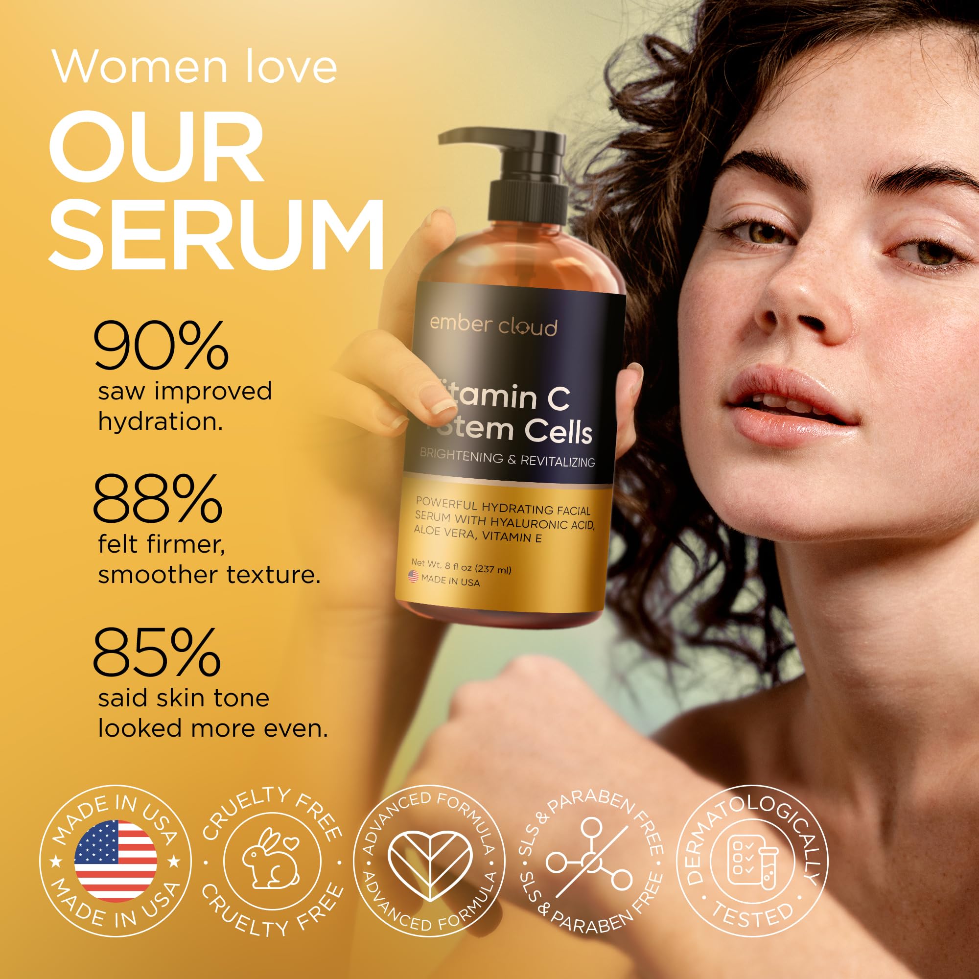 Vitamin C Serum for Face with Stem Cells & Hyaluronic Acid 8 Oz | Anti-Aging, Brightening, Hydrating Face Serum for All Skin Types, Cruelty Free, Made in USA, with Aloe Vera & Vitamin E