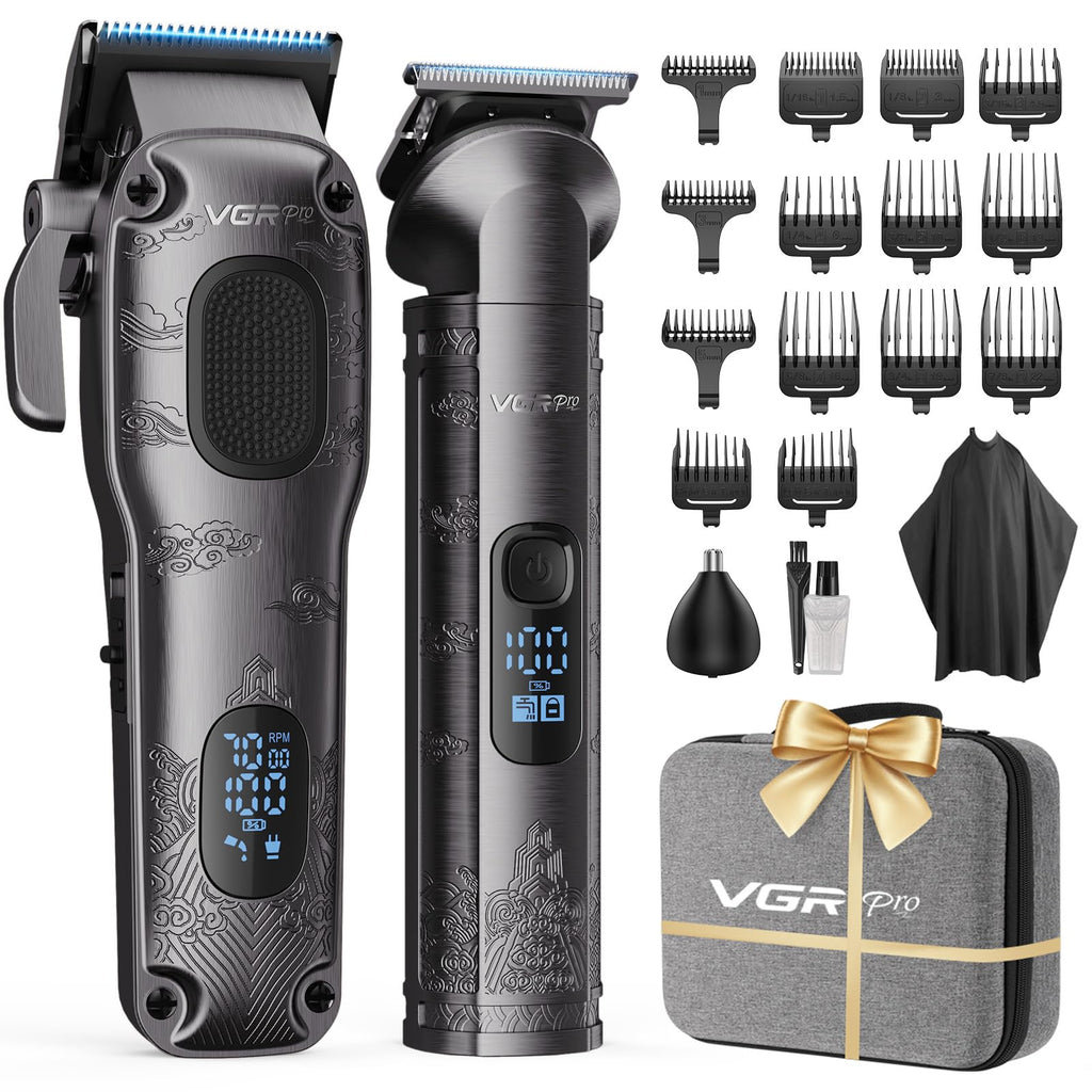 VGRPRO Hair Clippers for Men Professional, Cordless Clipper and Trimmer Set | 7000RPM Grooming Kit with EVA Case, LED display, 14 Guide Combs (including Right & Left Ear Taper Combs), Nose Trimmer Head