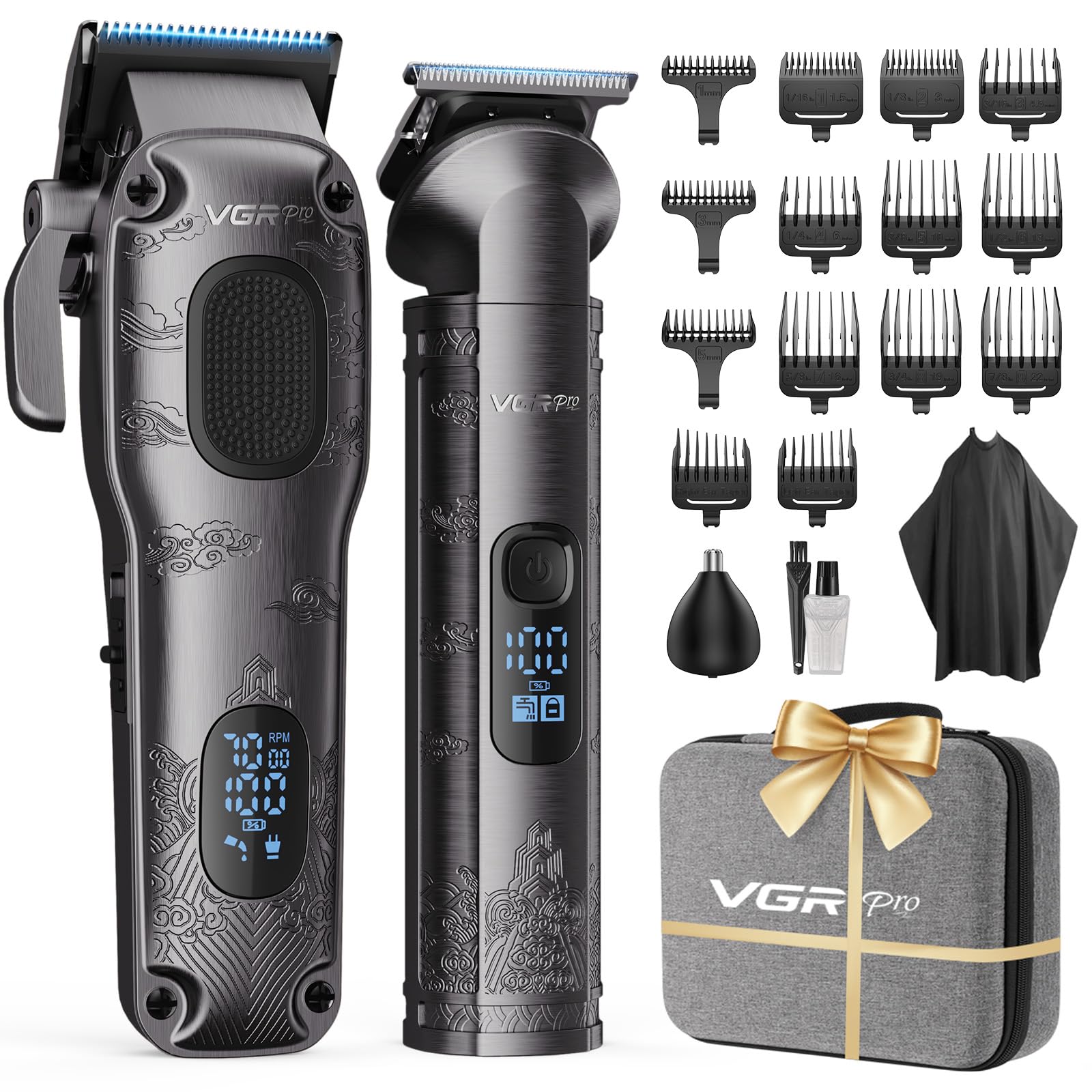 VGRPRO Hair Clippers for Men Professional, Cordless Clipper and Trimmer Set | 7000RPM Grooming Kit with EVA Case, LED display, 14 Guide Combs (including Right & Left Ear Taper Combs), Nose Trimmer Head