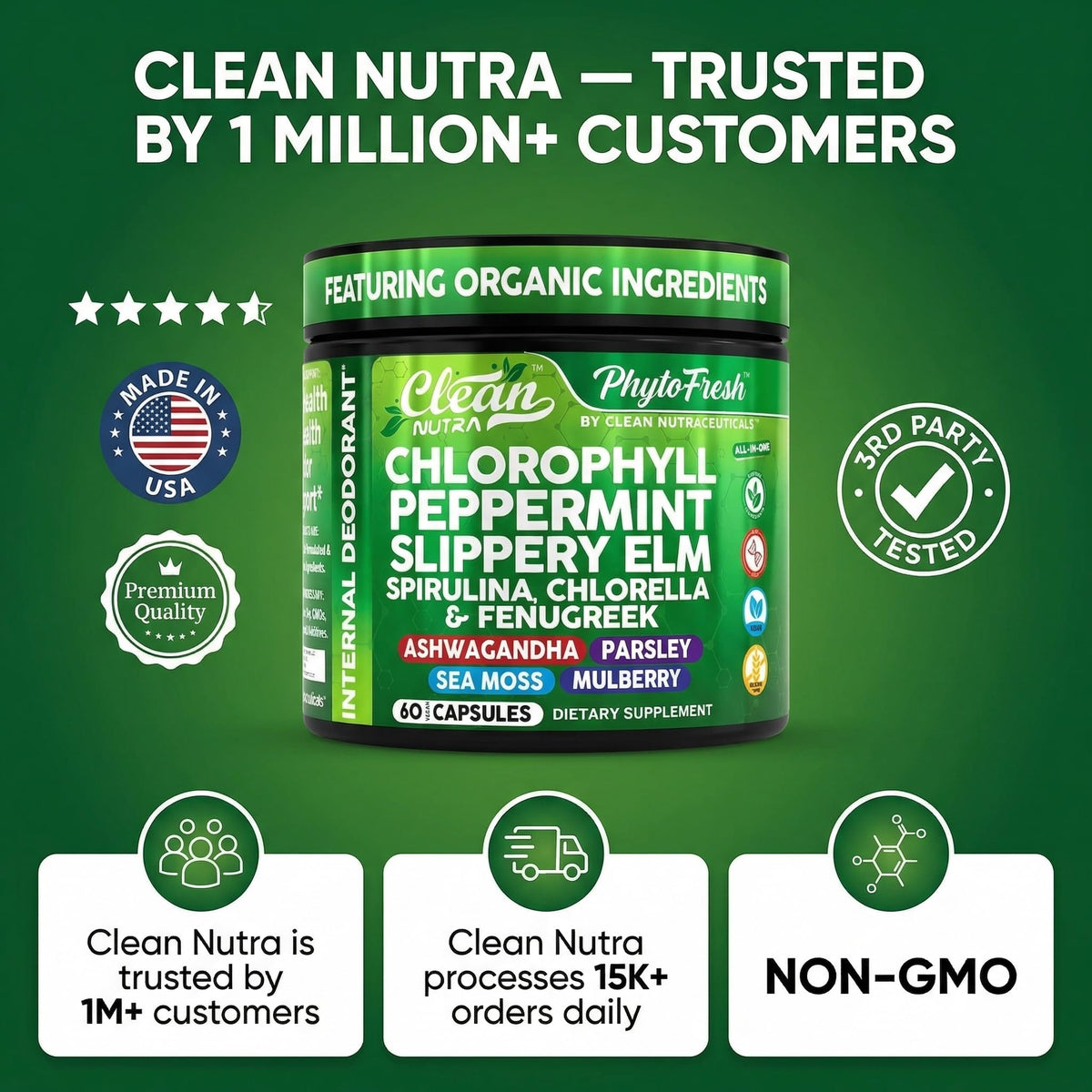 Clean Nutra Chlorophyll Capsules + Peppermint Slippery Elm Spirulina Chlorella Fenugreek Ashwagandha Sea Moss Supplement – Ph Balance for Women Detox Internal Deodorant Supplement + Prebiotics 60 Ct