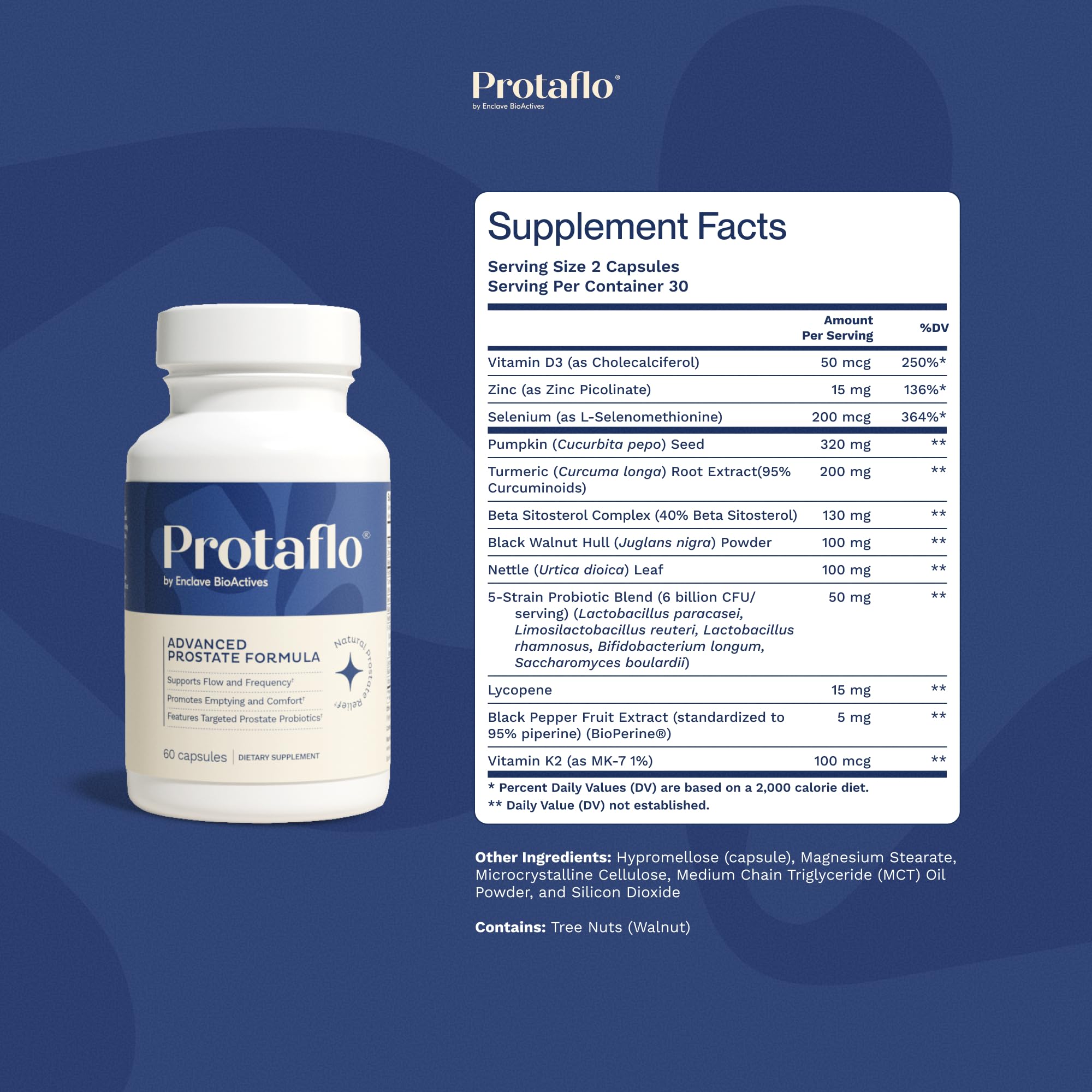 Prostate Support for Men, Urinary Flow & Bladder Care, 60 Capsules | With probiotics, black walnut, nettle, turmeric, lycopene, pumpkin seed, vitamin D3 & K2, zinc & selenium.