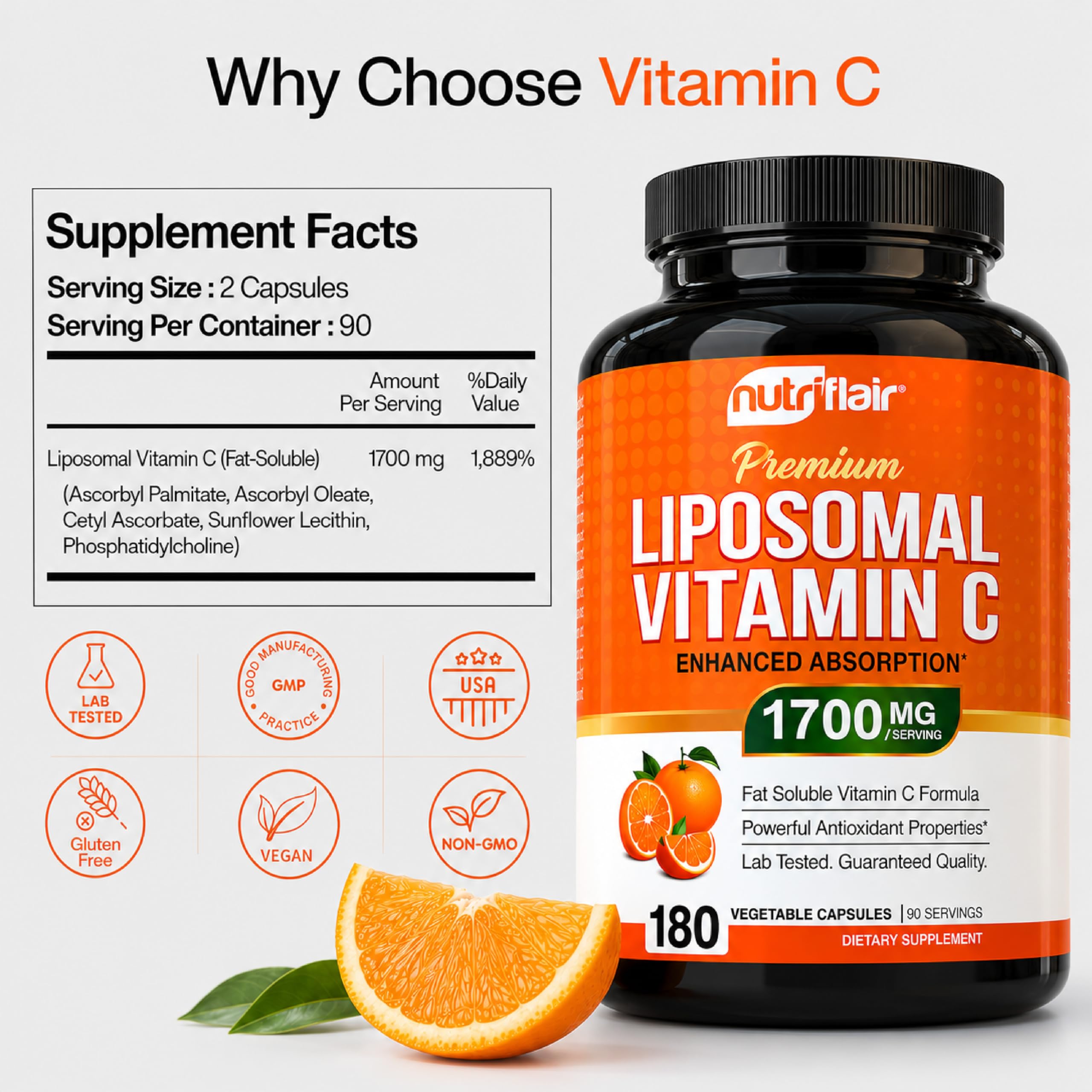 NutriFlair Liposomal Vitamin C 1700mg, 180 Capsules - High Absorption, Fat Soluble VIT C, Higher Bioavailability Immune System Support & Collagen Booster, Non-GMO, Vegan Pills