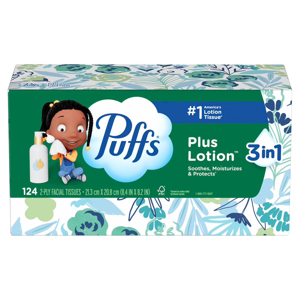 Puffs Facial Tissues Plus Lotion, 8 Family Rectangle Boxes, 124 Facial Tissues per Box, Allergies and Colds (Packaging May Vary)