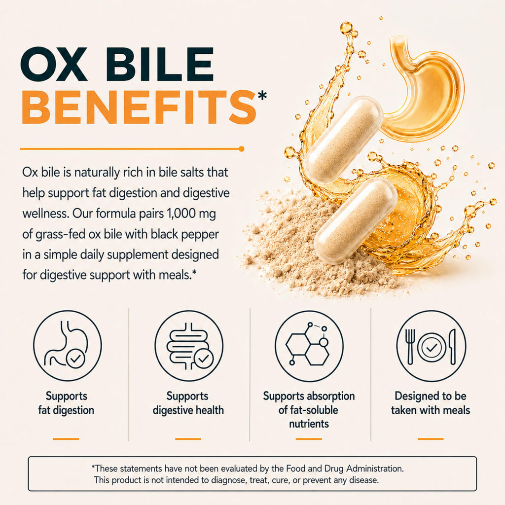Grass-Fed Ox Bile 1000mg Extract - Digestive Enzymes Support - Ox Bile Salts for No Gallbladder - Supplements with Black Pepper - Supports Digestive Health - Bovine Salts Supplement - 180 Count