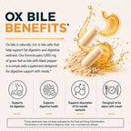 Grass-Fed Ox Bile 1000mg Extract - Digestive Enzymes Support - Ox Bile Salts for No Gallbladder - Supplements with Black Pepper - Supports Digestive Health - Bovine Salts Supplement - 180 Count