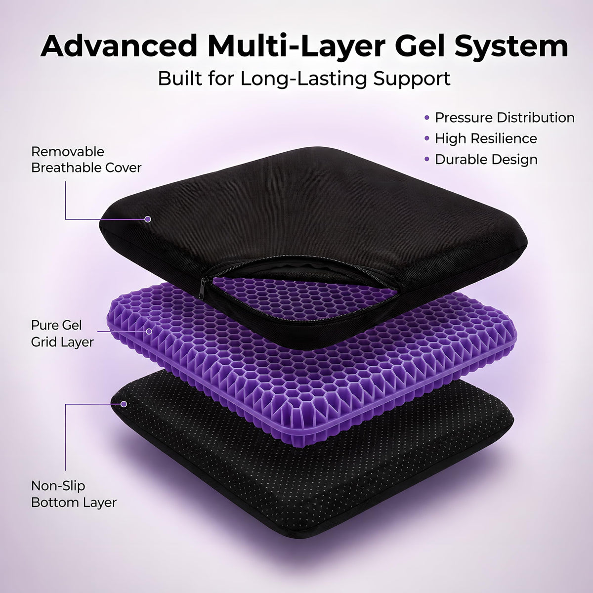 Extra Thick Large Pure Gel Seat Cushion for Long Sitting, Breathable Comfort Cushion for Back, Sciatica, Tailbone & Hip Pain Relief, Washable Portable Cushion for Office Chair, Car, Wheelchair