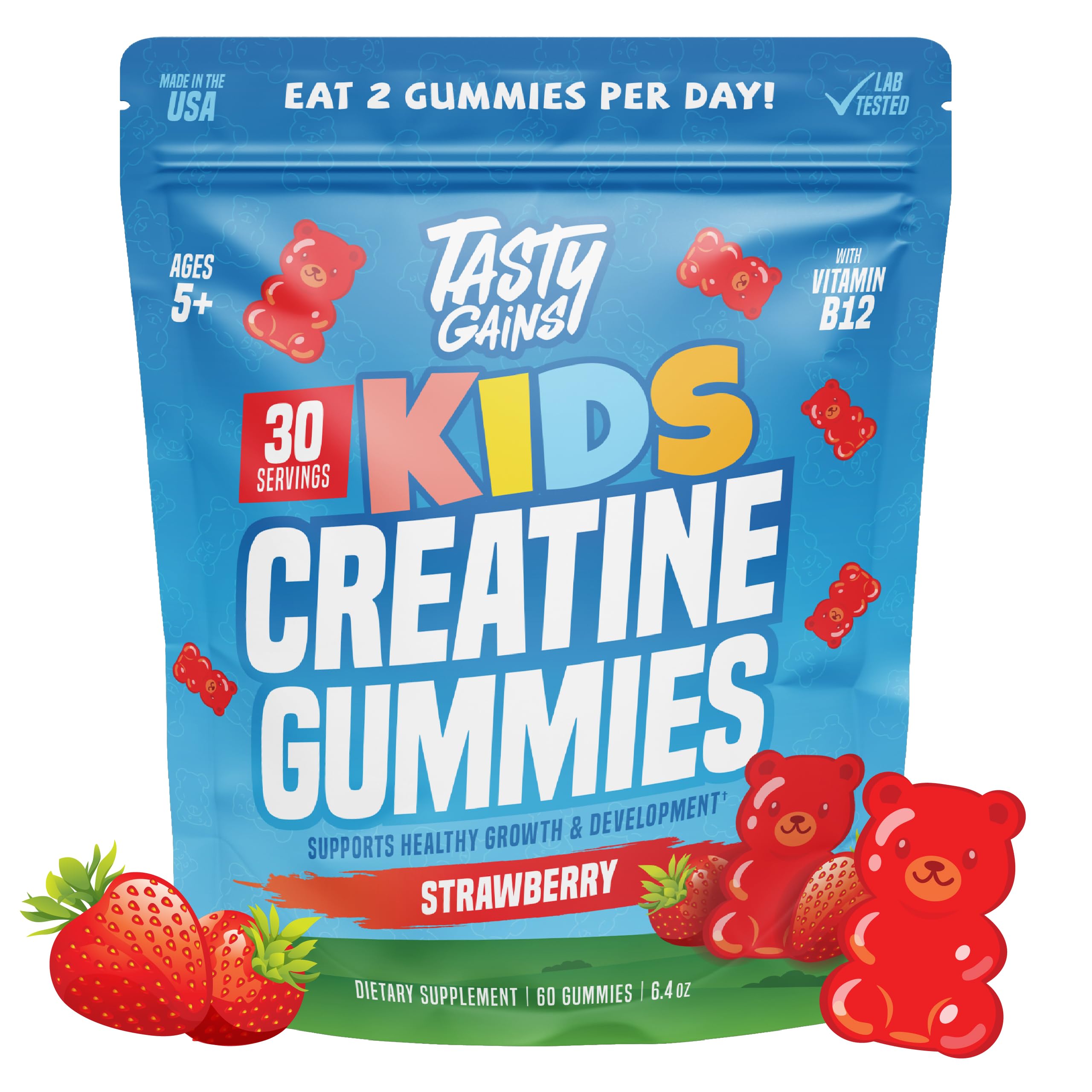 TASTY GAINS Kids & Teen Creatine Gummies with Vitamin B12 for Advanced Growth Support, Youth Sports Performance & Cellular Muscle Hydration Chewables, Ages 5+ (Strawberry, 60 Count)