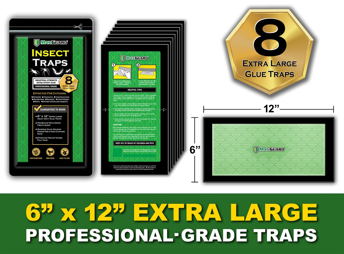 MaxGuard Extra Large Insect Traps (8 Traps) | Non-Toxic Extra Sticky Pre-Baited Glue Board, Trap & Kill Most Crawling Insects, Bugs, Spiders, Crickets, Scorpions, Cockroaches, Centipedes, Snakes.