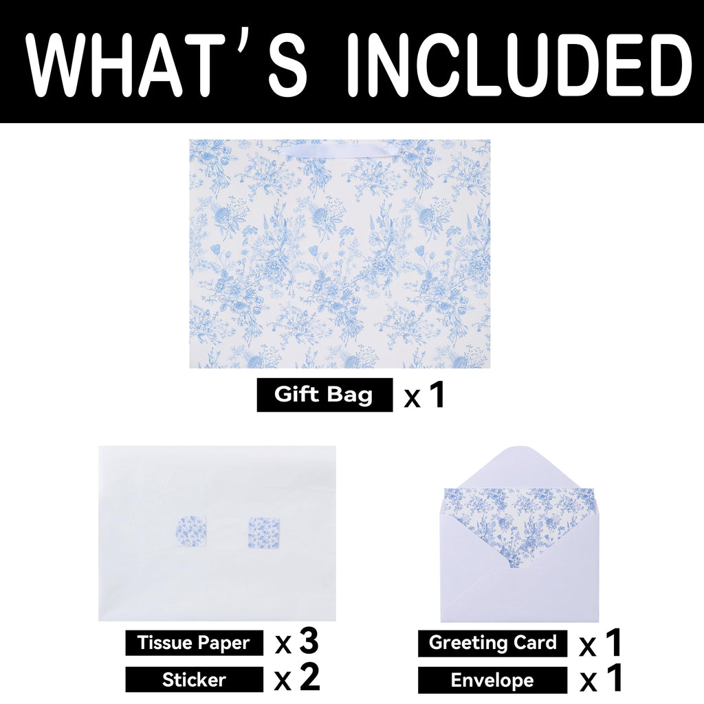 16.5" Extra Large Blue Floral Gift Bag Set with Handles, Greeting Card, White Tissue Papers and Stickers for Women Girls for Birthdays, Valentine's Day, Weddings, Anniversaries, Mother's Day, Flowers Design, 1 Pcs