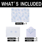 16.5" Extra Large Blue Floral Gift Bag Set with Handles, Greeting Card, White Tissue Papers and Stickers for Women Girls for Birthdays, Valentine's Day, Weddings, Anniversaries, Mother's Day, Flowers Design, 1 Pcs