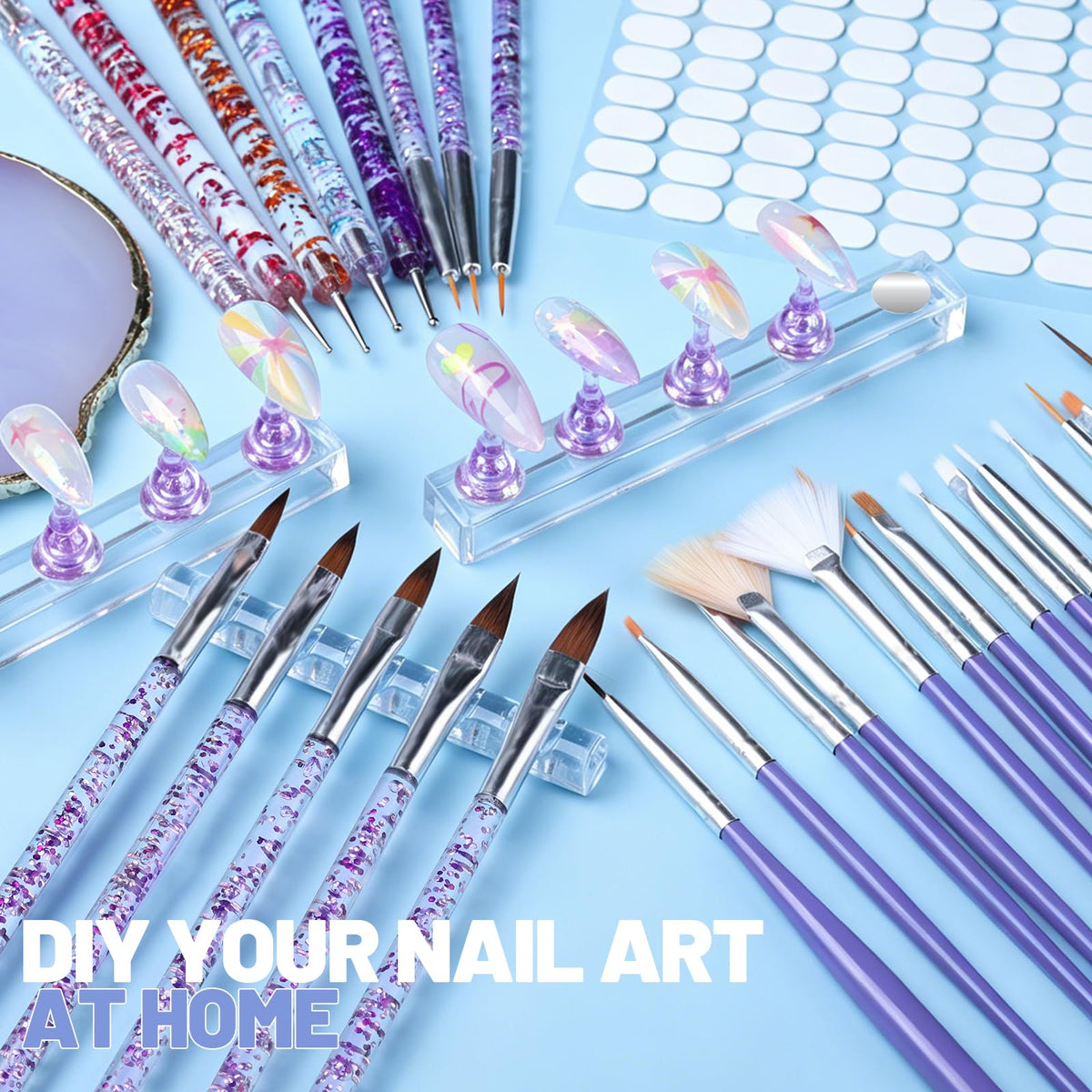 Teenitor Nail Art Tools Set, 23 Pcs Nail Art Brushes, 5 Pcs Nail Dotting Tool, 2 Set of Nail Stand, 100 Pcs Double-Sided Adhesive Tabs, Nail Art Palette, Brushes Holder, Purple