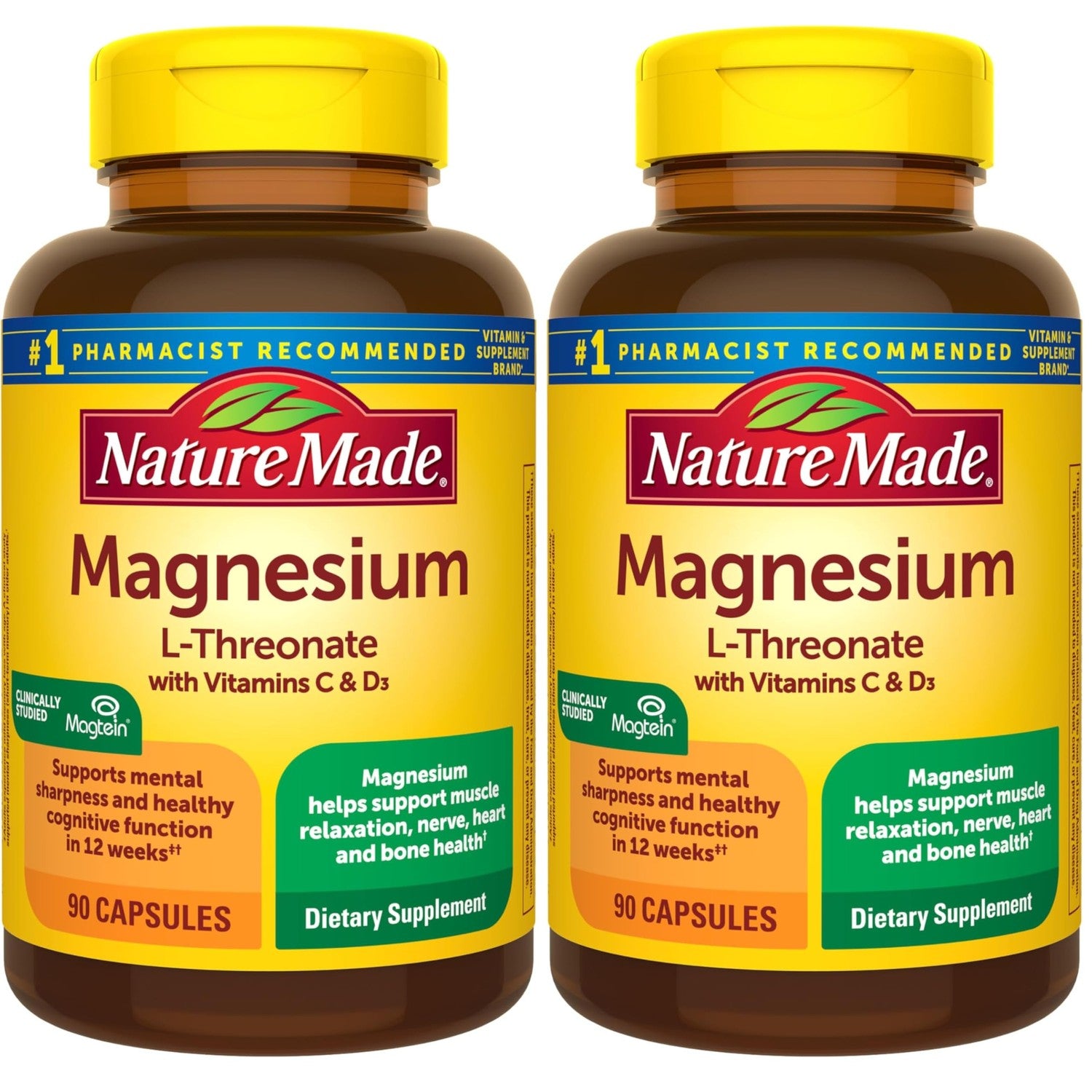 Nature Made Magnesium L-Threonate with Vitamin C & Vitamin D3, 90 Capsules | Provides 130 mg of Mag from 1800 mg Magnesium L Threonate, Cognitive Support Magnesium Supplement, 30 Day Supply