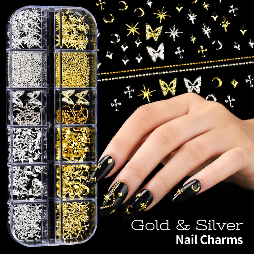 Teenitor Nail Charms and Nail Art Tools Set, Nail Art Kit with 5 Boxes of 3D Nail Charms and Gems Rhinestones, 15 Pcs Nail Art Brushes, 5 Pcs Nail Dotting Tools, 2 Set of Nail Stand