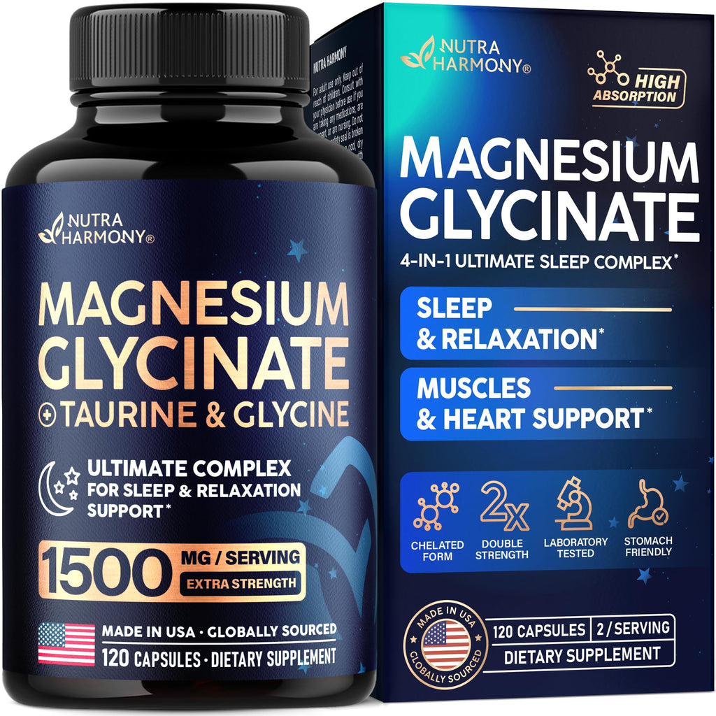 Magnesium Glycinate w/Glycine & Taurine - Magnesium for Sleep - 120 Caps | Sleep & Relaxation Complex - Extra Strength Magnesium Supplement 1500 mg for Women & Men - Chelated & High Absorption - Vegan