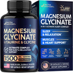Magnesium Glycinate w/Glycine & Taurine - Magnesium for Sleep - 120 Caps | Sleep & Relaxation Complex - Extra Strength Magnesium Supplement 1500 mg for Women & Men - Chelated & High Absorption - Vegan