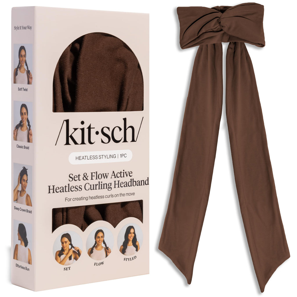 Kitsch Set & Flow Active Heatless Curling Headband For Women - Brown, 1pc | Soft, Breathable Cotton Head Bands For Women's Hair – Stretchy Fit, Achieves Curls Overnight – Gym-To-Glam In Minutes