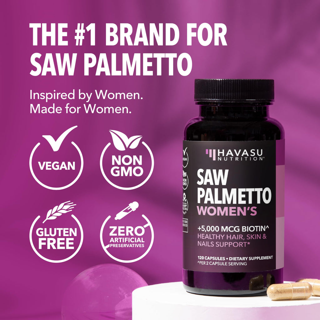 Saw Palmetto for Women with Bitoin 5000mcg Per Serving, 60-Day Supply | Vegan, Non-GMO DHT Blocker for Women for Hair, Skin and Nails, Saw Palmetto Extract with Biotin for Thicker Looking Hair