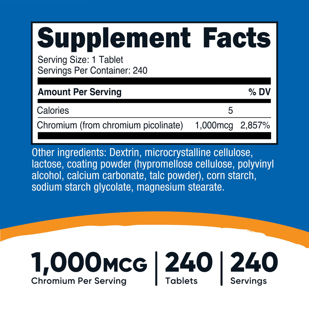 Nutricost Chromium 1000mcg, 240 Tablets - Gluten Free, Non-GMO (Pack of 2)