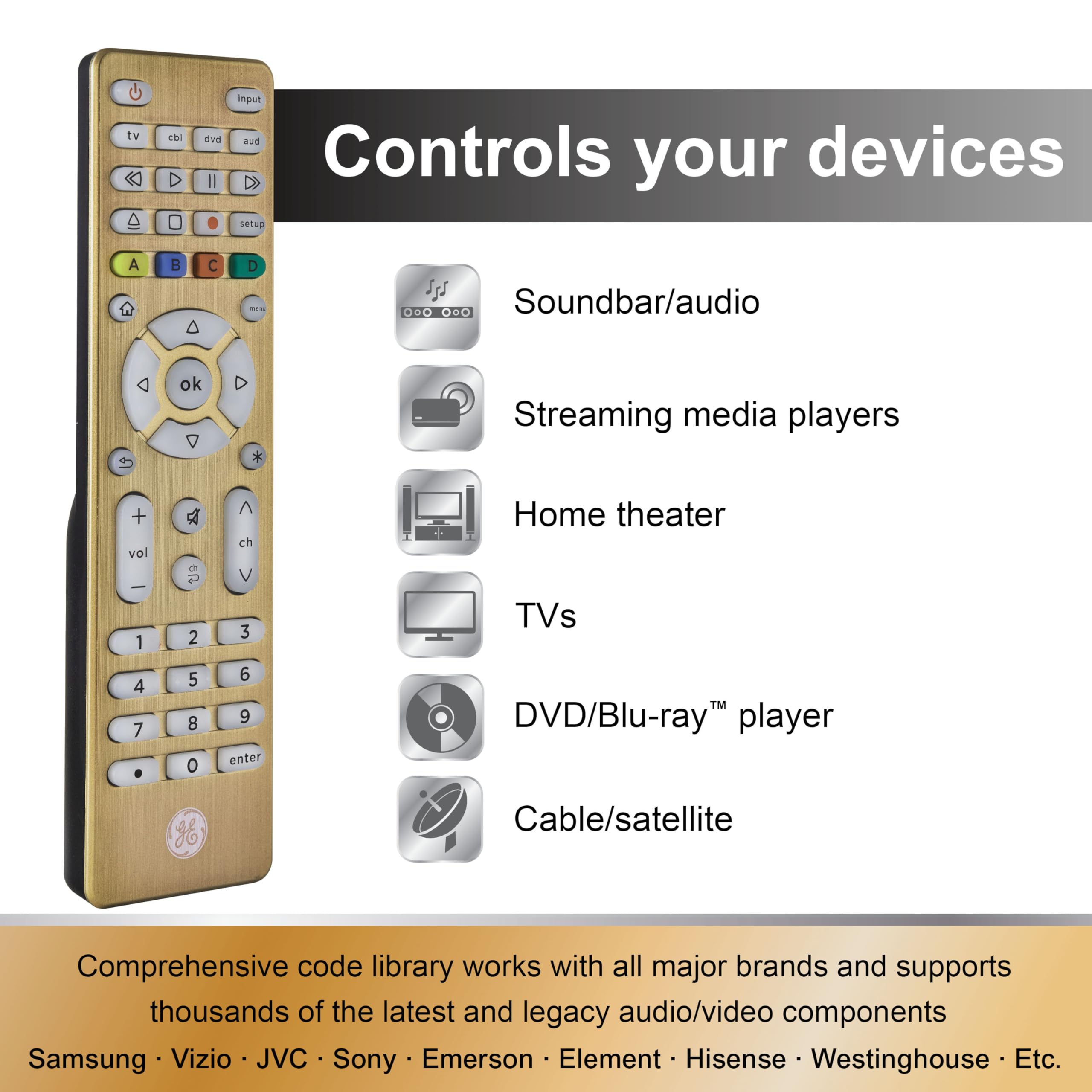 Buy now GE Universal Remote Control, Samsung TV Remote,Universal TV Remote for Roku TV, Vizio, LG, Sony, Sharp, Roku, Apple TV, TCL, Panasonic, Smart TVs, Streaming Players, Blu-ray, DVD, 4-Device, Gold,48845 at indiglob india