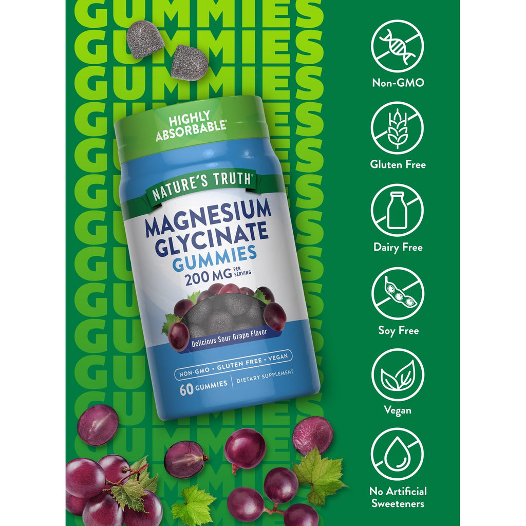 Nature's Truth Magnesium Glycinate Gummies for Adults | 200mg | 60 Count | Vegan, Non-GMO & Gluten Free Supplement | Grape Flavor