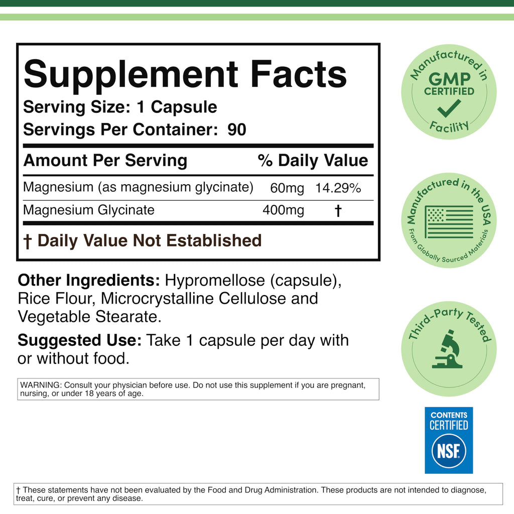 Magnesium Glycinate 400mg for Relaxation, Recovery + Mood, 90 Capsules | Highly Bioavailable Bisglycinate, Magnesium Supplement with 60mg Elemental Magnesium, Gentle on Stomach, Third-Party Tested