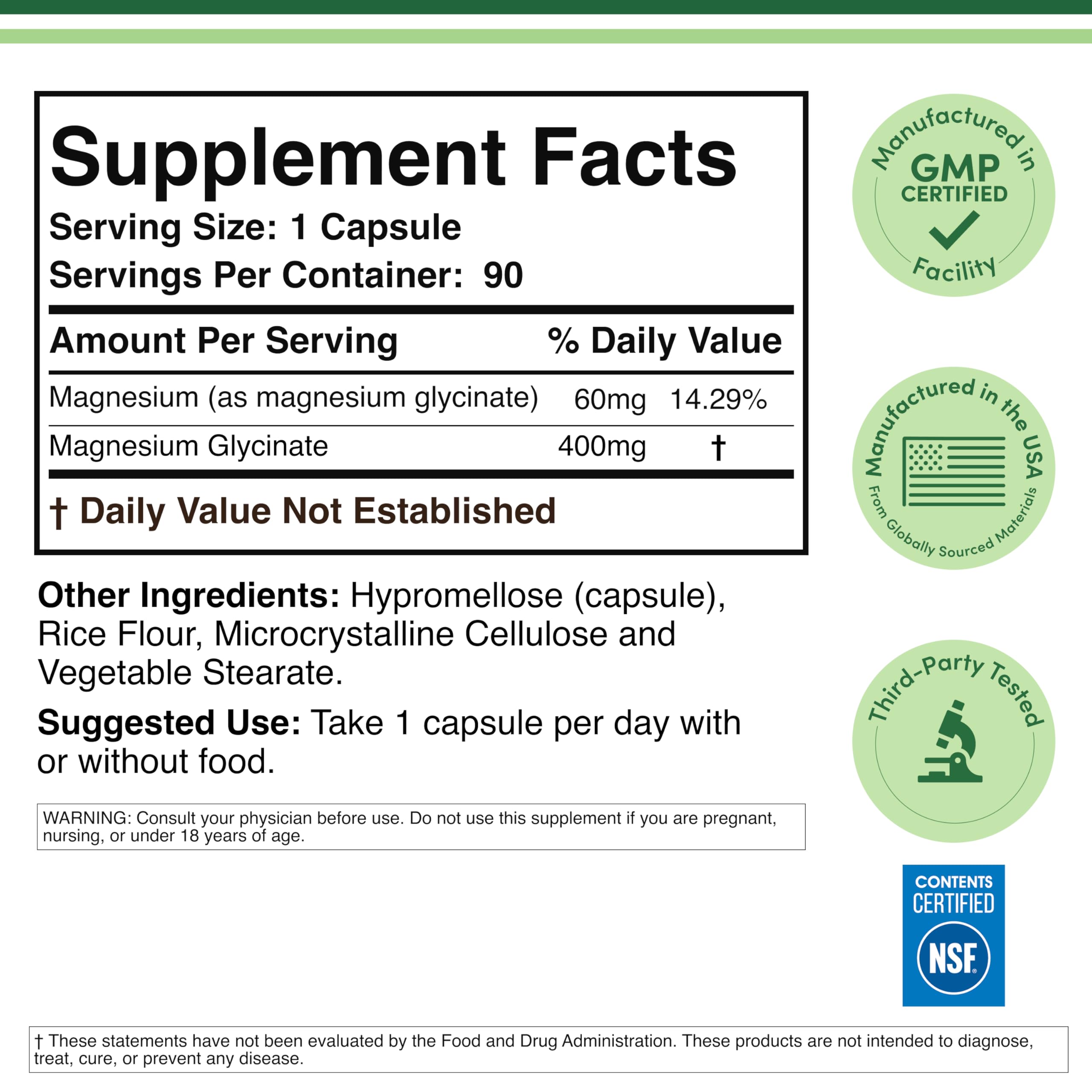 Magnesium Glycinate 400mg for Relaxation, Recovery + Mood, 90 Capsules | Highly Bioavailable Bisglycinate, Magnesium Supplement with 60mg Elemental Magnesium, Gentle on Stomach, Third-Party Tested