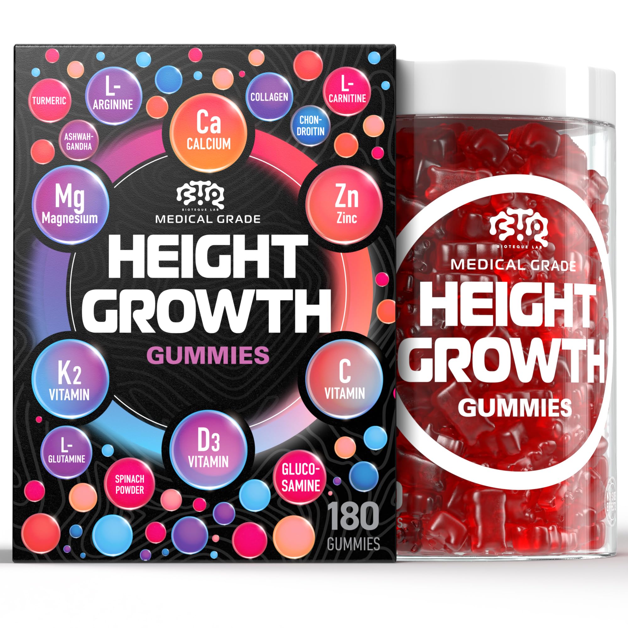 BIOTEQUELAB Height Growth Increase Gummies Vitamins, Grow Tall Supplement, Calcium, Magnesium, Zinc, Ashwagandha, Glucosamine Multivitamin for Teens, Kids, 120 Gummies
