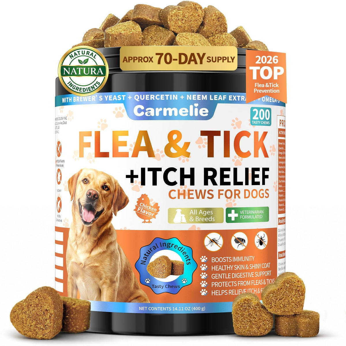 Carmelie Flea and Tick Prevention for Dogs, Flea & Tick + Itch Relief Chews