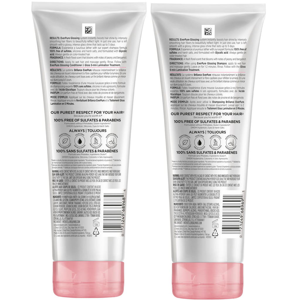 L’Oreal Paris Sulfate Free Glossing Shampoo and Conditioner Set with Glycolic Acid, Provides Intense Glass Shine & Smoothness, Suitable for Dull, Dry, and Color-Treated Hair, EverPure, 13.6 Fl Oz Set