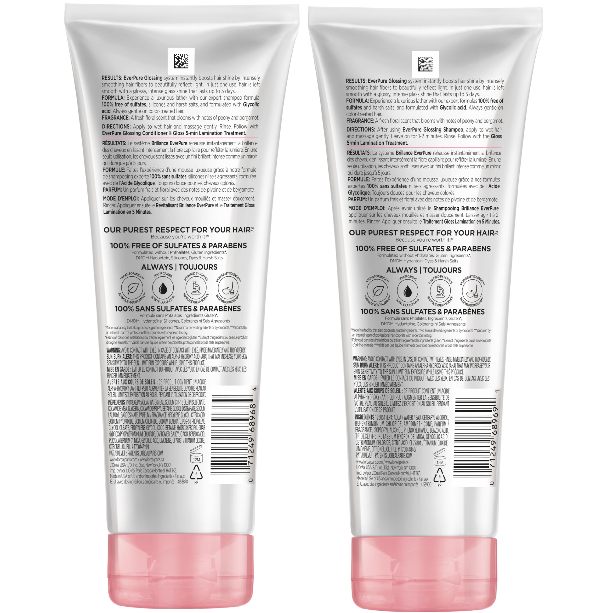 L’Oreal Paris Sulfate Free Glossing Shampoo and Conditioner Set with Glycolic Acid, Provides Intense Glass Shine & Smoothness, Suitable for Dull, Dry, and Color-Treated Hair, EverPure, 13.6 Fl Oz Set