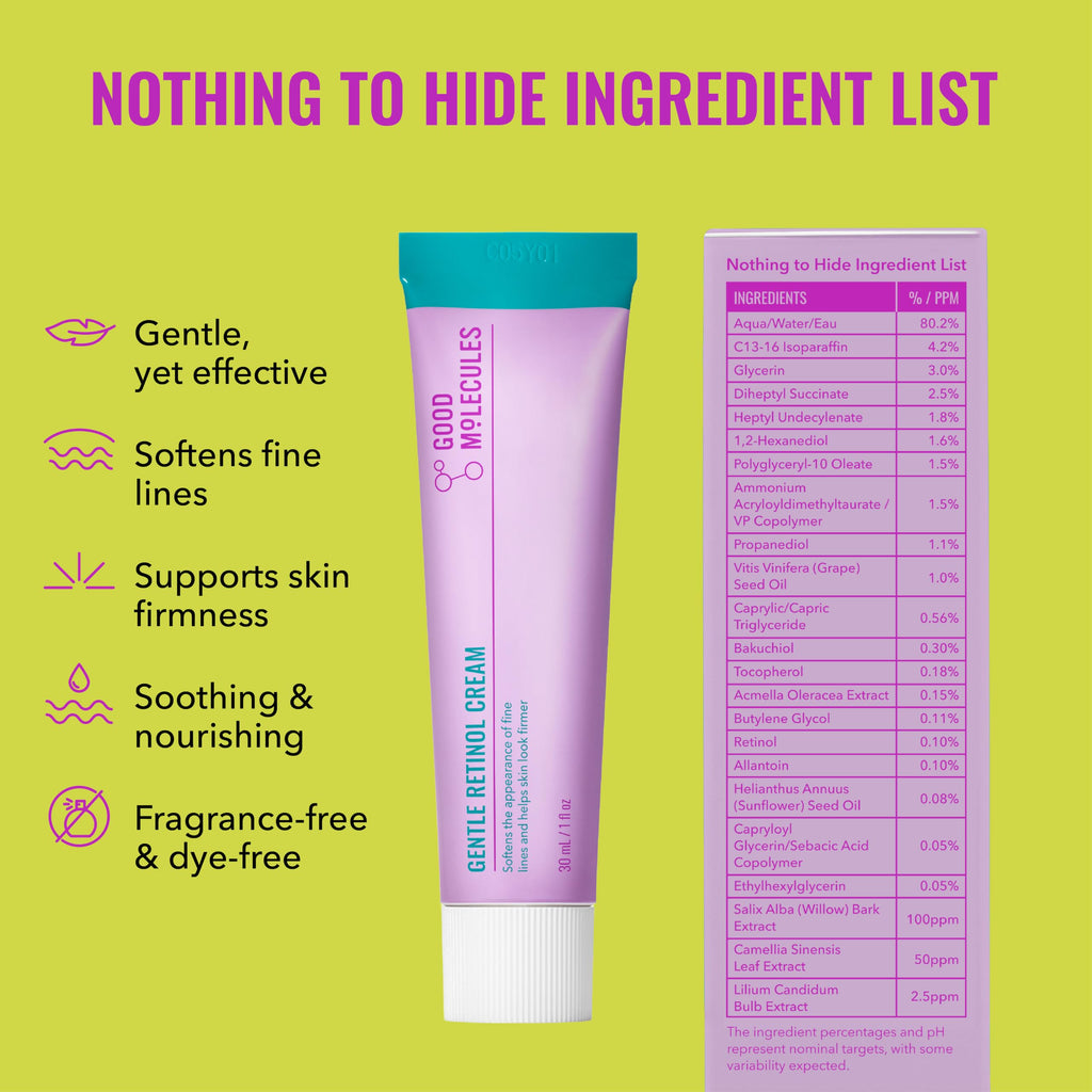 Good Molecules Gentle Retinol Cream, Retinol Night Cream for Face, 1 fl oz | Gentle retinol cream that softens the look of fine lines. Soothing enough for sensitive skin.