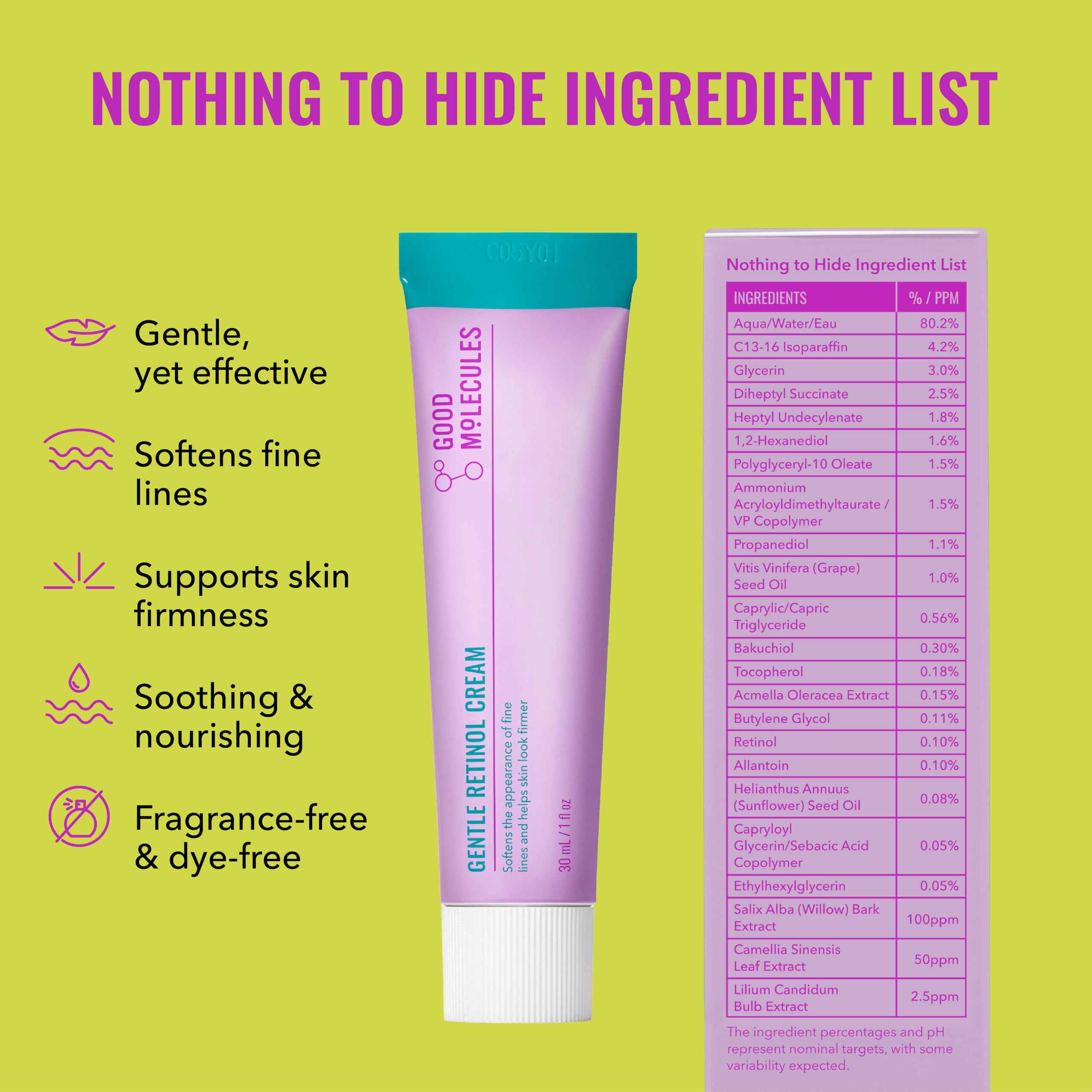 Good Molecules Gentle Retinol Cream, Retinol Night Cream for Face, 1 fl oz | Gentle retinol cream that softens the look of fine lines. Soothing enough for sensitive skin.