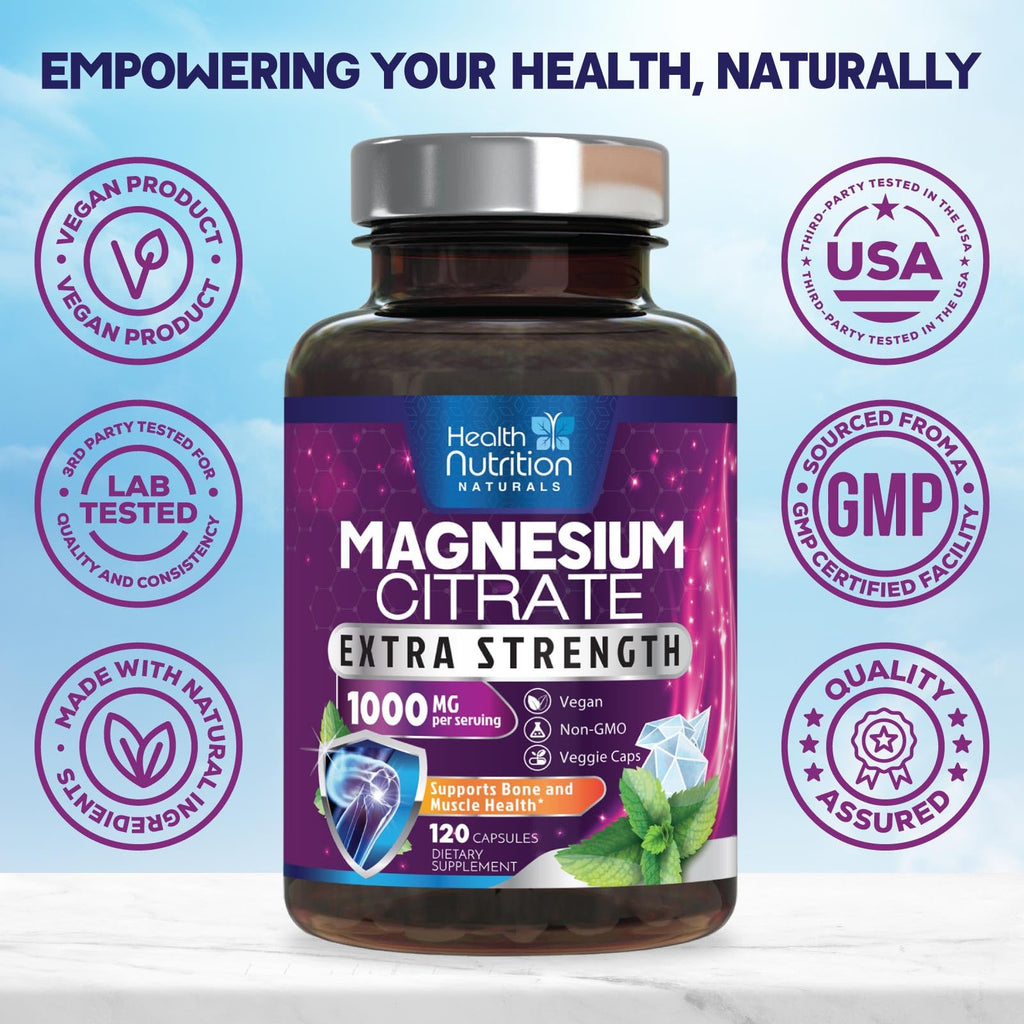 Magnesium Citrate 1000mg Per Serving - Max Absorption Magnesium Powder Capsules for Muscle, Nerve and Heart Health Support, High Absorption Citrate Complex, Gluten Free, Non-GMO - 120 Capsules
