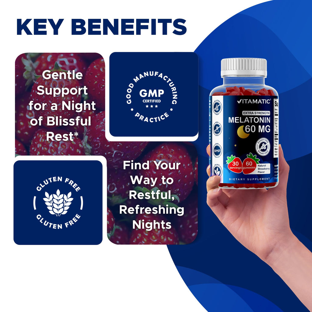 Vitamatic Sugar Free Melatonin 60 mg Per Serving - 60 Vegetarian Gummies | Non-Habit Forming High Potency Melatonin Supplement