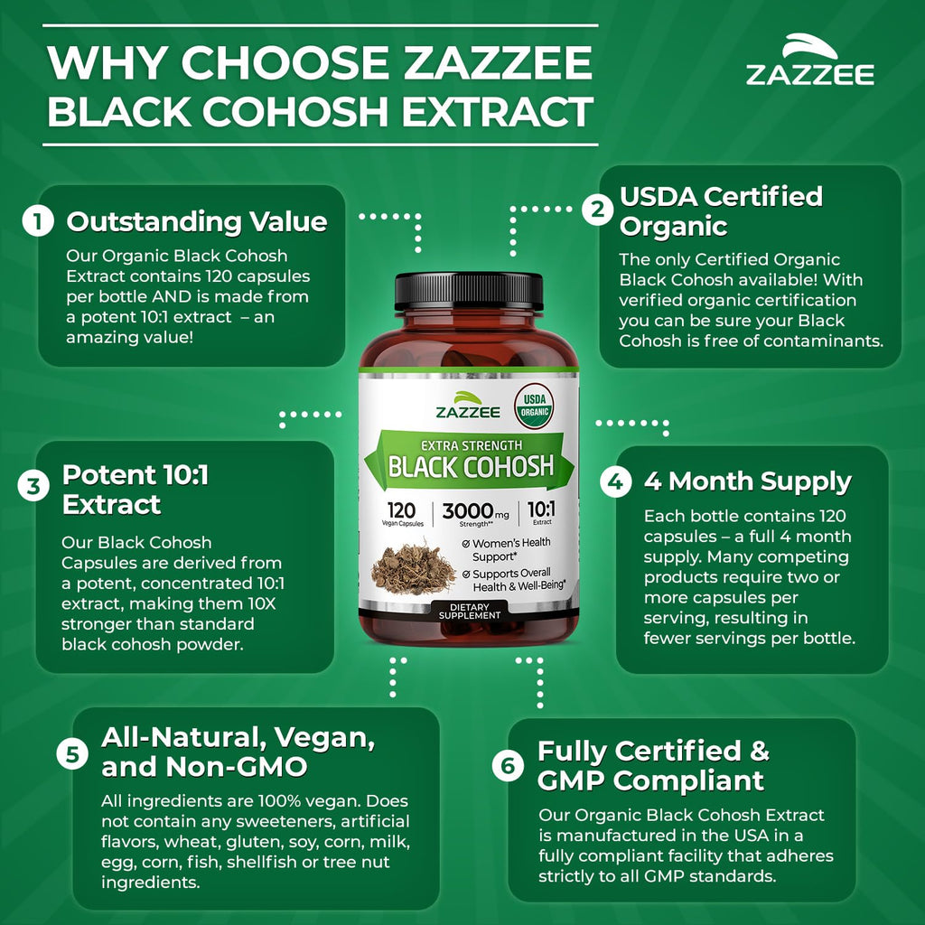 Zazzee USDA Organic Black Cohosh 10:1 Extract, 120 Vegan Capsules | 4 Month Supply, Actaea Racemosa, Women’s Health & Hormonal Balance Support, All-Natural, Non-GMO, Made in the USA