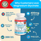Magnesium Glycinate 400mg | 200 Tablets – High Absorption for Sleep & Heart | Mag Supplements for Cramps, Muscle & Calm – Non Buffered Bisglycinate, Extra Strength for Men and Women, Tablets Not Capsules