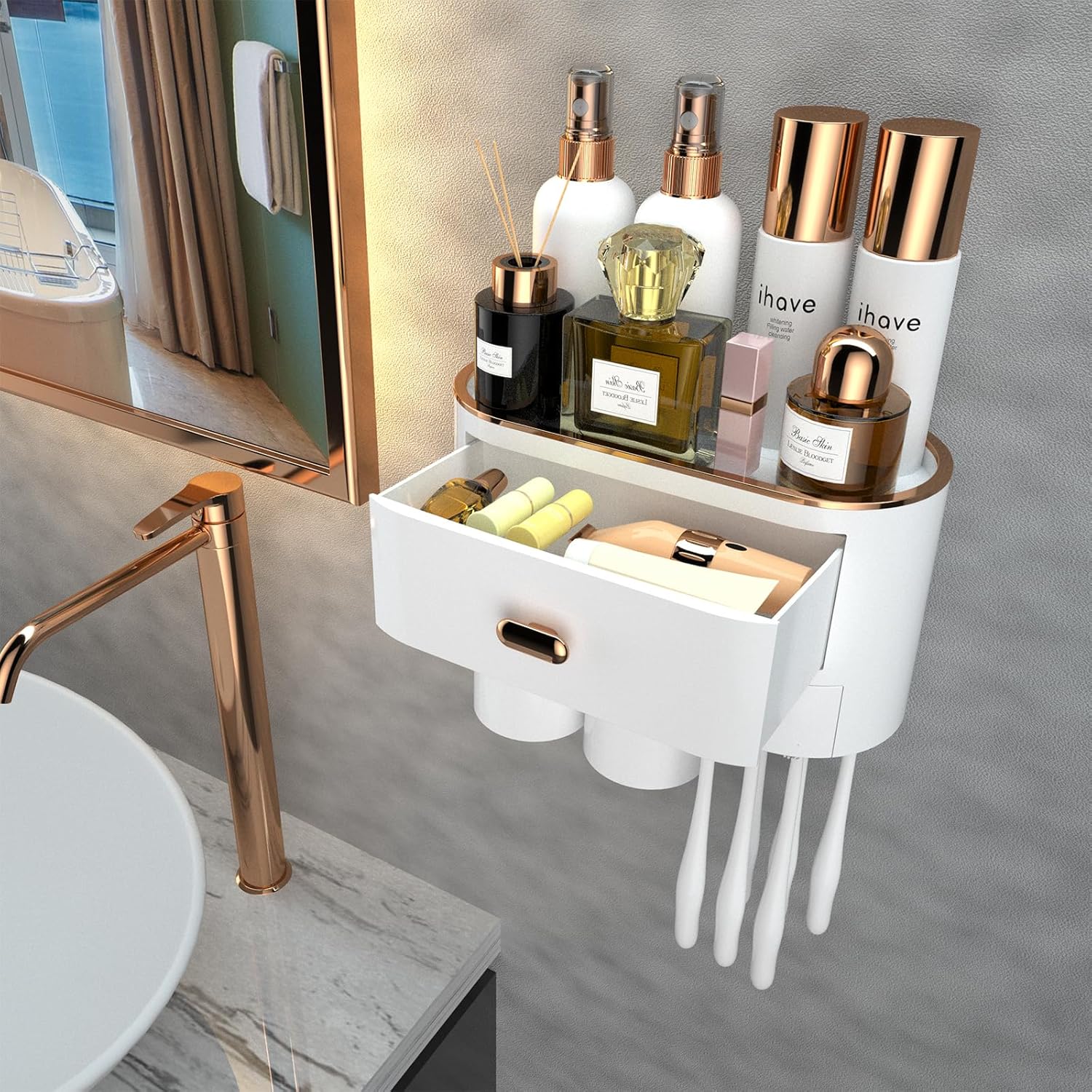 Buy now iHave Toothbrush Holders for Bathrooms, 4 Cups Toothbrush Holder Wall Mounted with Toothpaste Dispenser - Large Capacity Tray, 2 Cosmetic Drawer - Bathroom Organizer & Bathroom Accessories Set 2 cup New!-whtie Gold at indiglob india