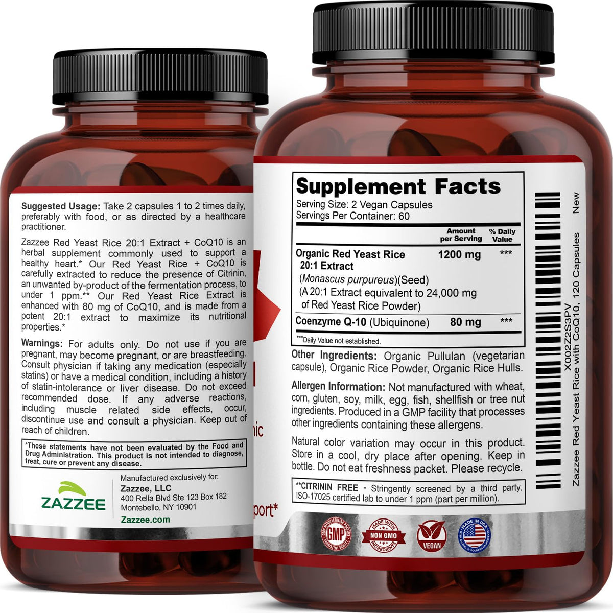 Zazzee Organic Red Yeast Rice 20:1 Extract with 80 mg CoQ10, Citrinin-Free