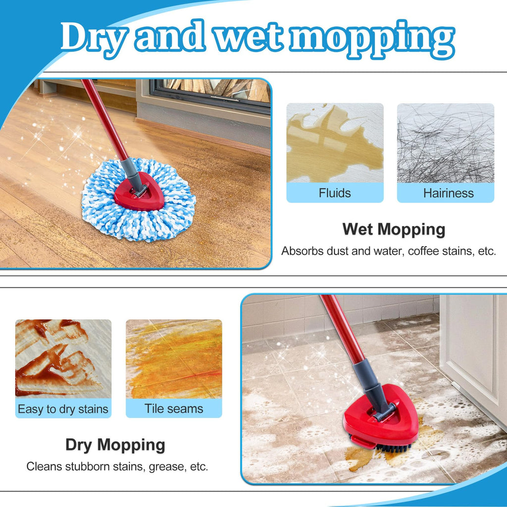 Mop Heads Replacements for O-Cedar RinseClean 2-Tank Spin Mop, Mop Replace Head for O Cedar, Mop Heads Include 4 Pack Mop Refills, 2 Scrubber Mop Heads, 1 Mop Base, Reusable, Easy to Replace