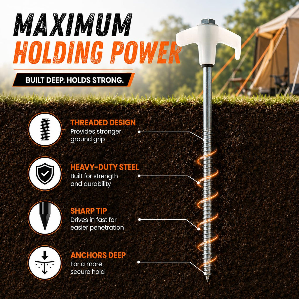 15-Pack 8" Heavy Duty Screw in Tent Stakes, Drill-In Ground Anchor Pegs, Includes Hex Head Driver & Storage Bag