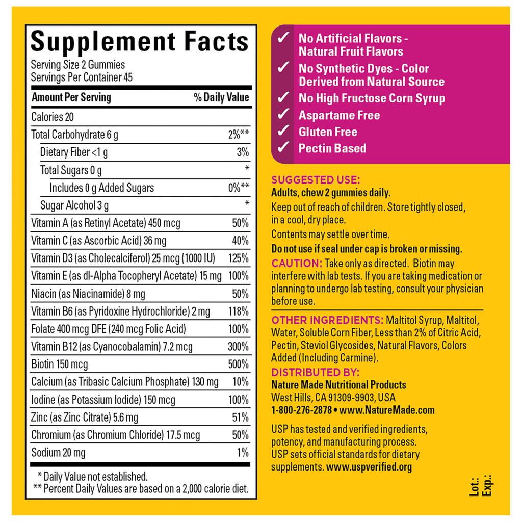 Nature Made Zero Sugar Multivitamin Women's Gummies, 90 Sugar Free Gummies | Women's Multivitamin Gummies for Bone & Immune Support, Aspartame Free, Strawberry Lemonade Flavor, 45 Day Supply