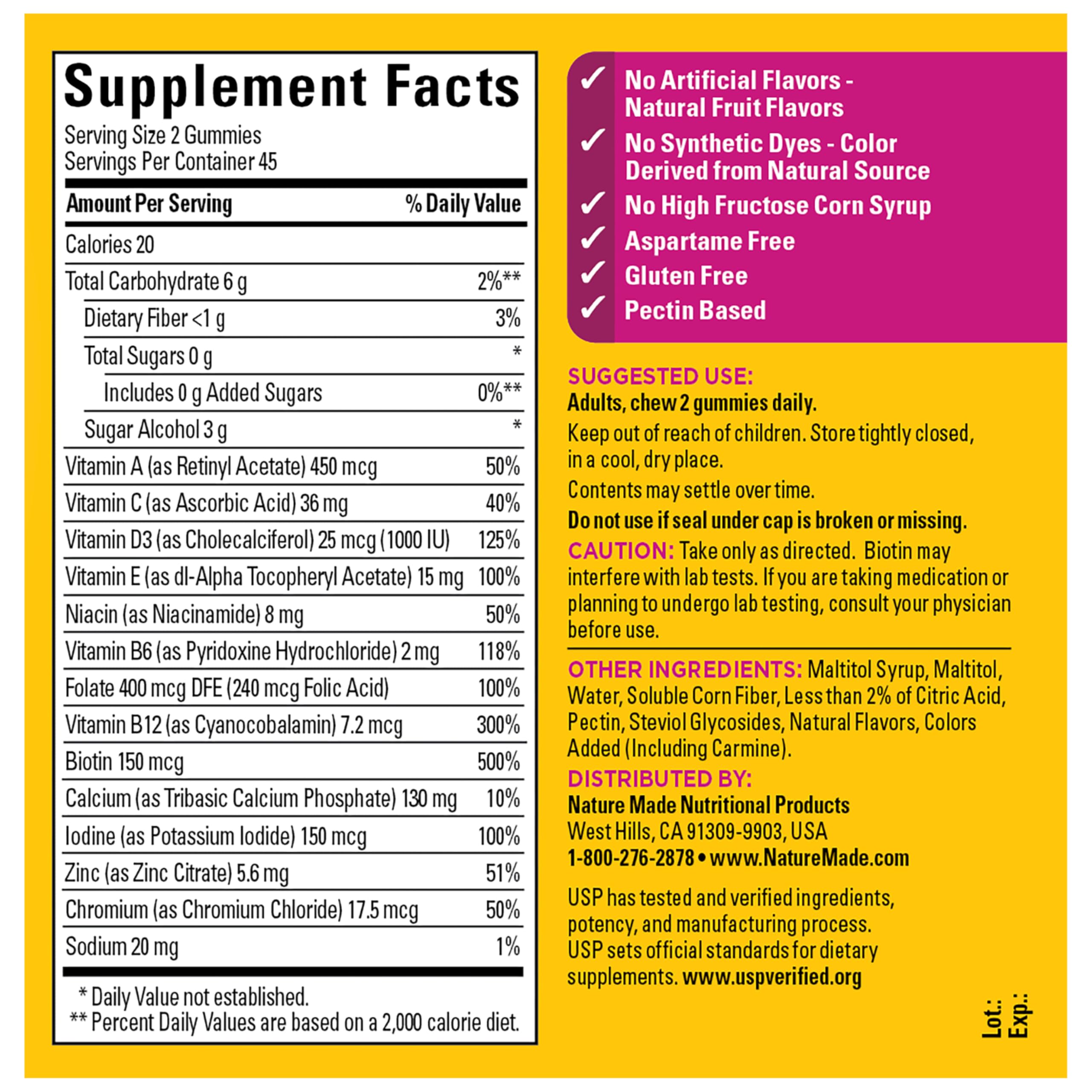 Nature Made Zero Sugar Multivitamin Women's Gummies, 90 Sugar Free Gummies | Women's Multivitamin Gummies for Bone & Immune Support, Aspartame Free, Strawberry Lemonade Flavor, 45 Day Supply
