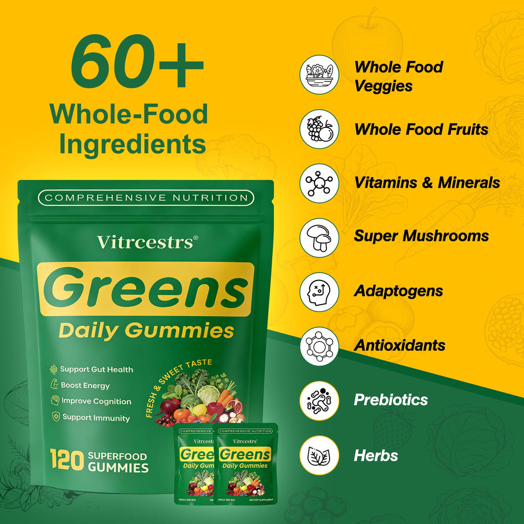 Greens Daily Gummies, Super Greens Gummies for Adults Superfood Multivitamin Gummy with Spirulina, Chlorella, Prebiotic Fiber, Fruit Veggie for Digestive & Gut Health, Adaptogens Supplement, 120 Count