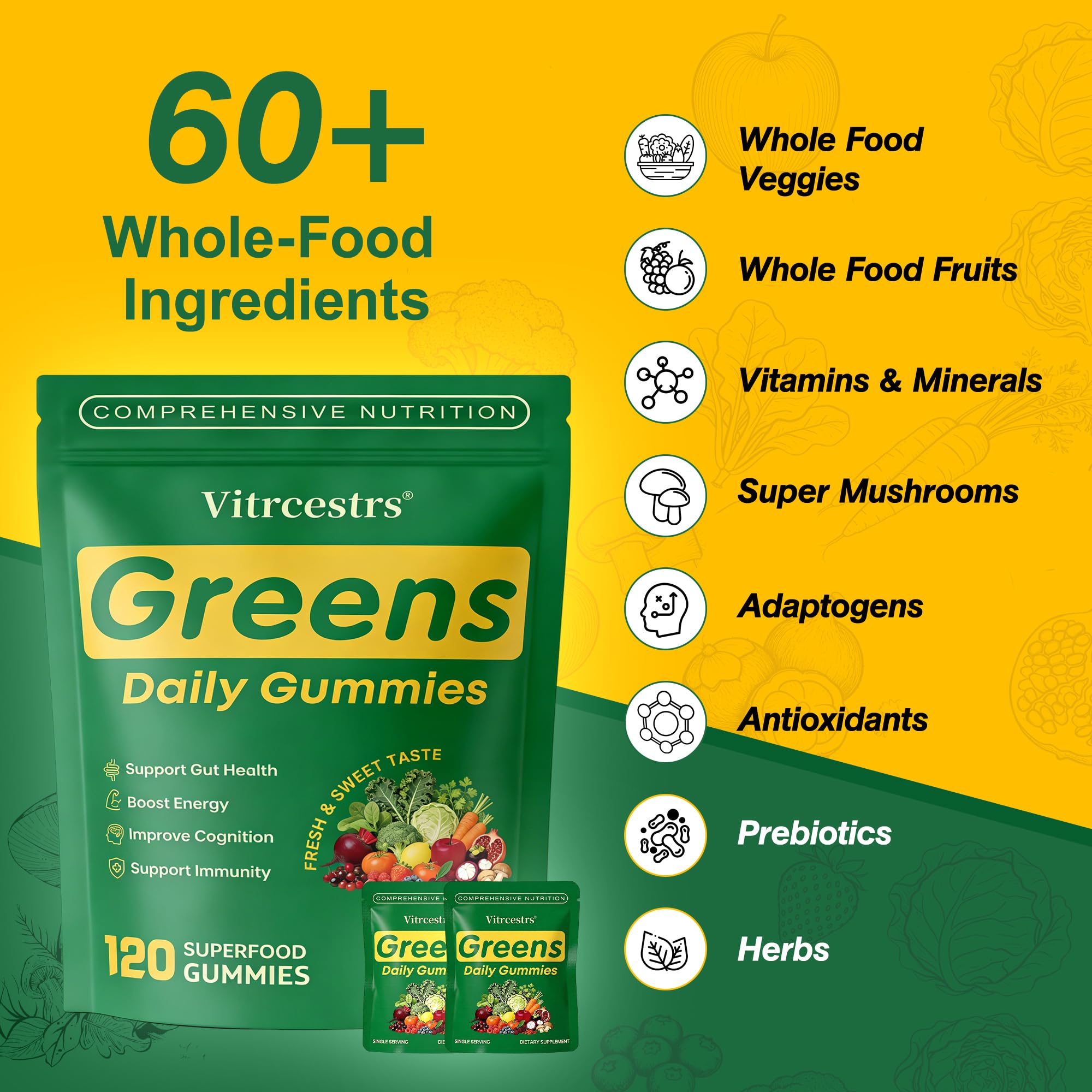 Greens Daily Gummies, Super Greens Gummies for Adults Superfood Multivitamin Gummy with Spirulina, Chlorella, Prebiotic Fiber, Fruit Veggie for Digestive & Gut Health, Adaptogens Supplement, 120 Count