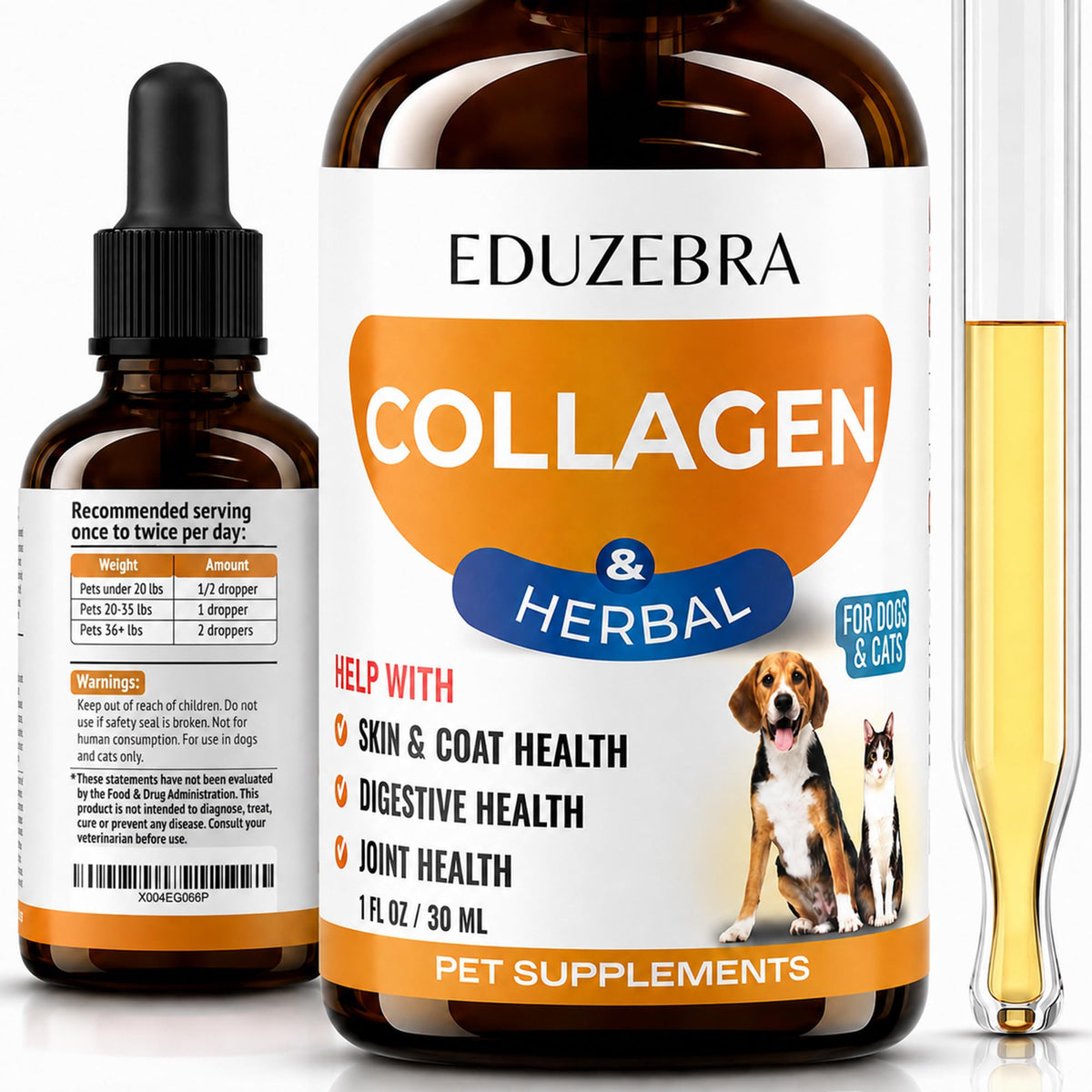EDUZEBRA Liquid Collagen for Dogs and Cats, Skin & Coat Supplement, Itch Relief, Joint & Mobility Support, Enriched with Grass-Fed Collagen, Daily All-in-One Pet Health Formula