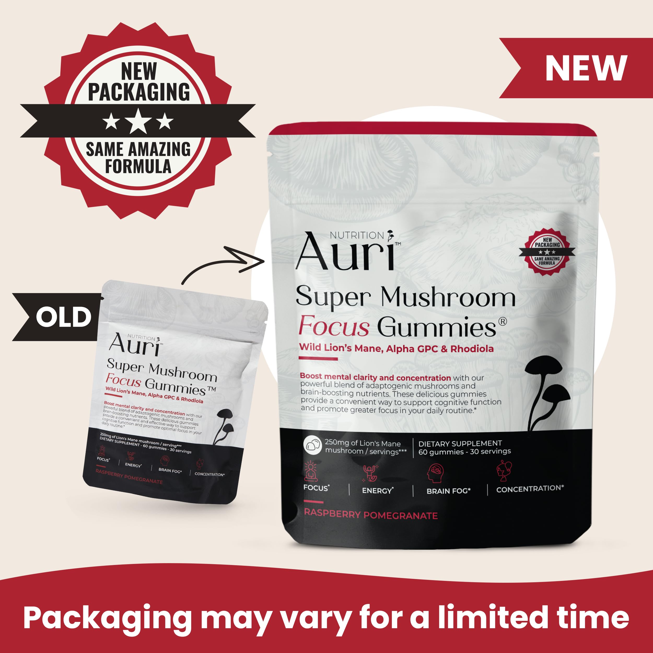 Auri Nutrition Super Mushroom Focus Gummies w/Lion's Mane, Alpha GPC & Rhodiola – Mushroom Supplement to Support Cognitive Function, Mental Clarity, Focus & Energy, 60 Gummies, Vegan Friendly, Non GMO