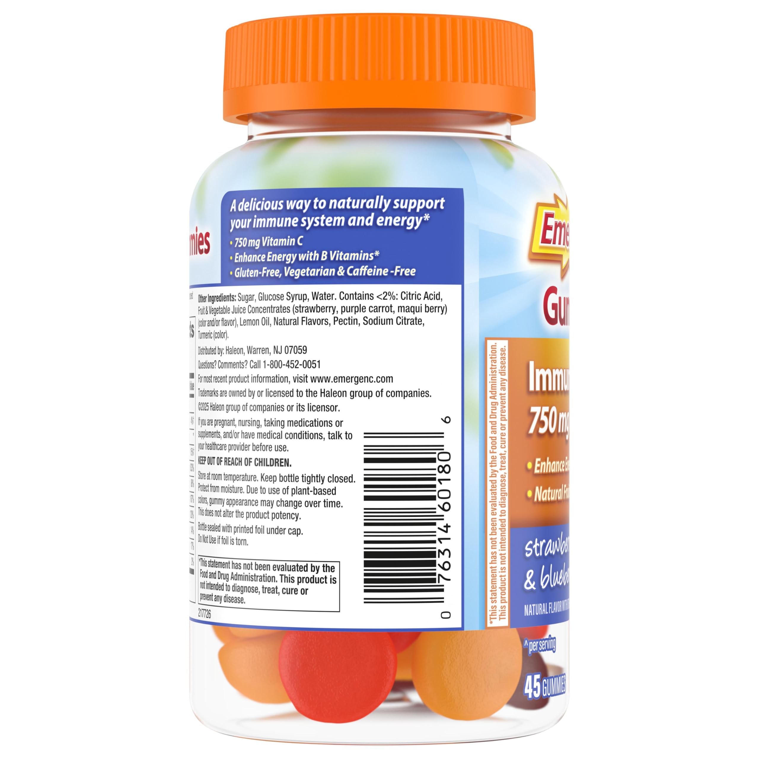 Emergen-C Vitamin C 750mg Immune Support Gummies, Mixed Fruit, 45 Gummies | B Vitamins for Energy, Gluten Free, Vegetarian, No Artificial Sweeteners, Chewable Gummies